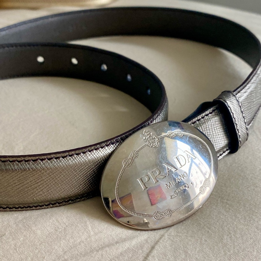 Prada Saffiano Engraved Logo Metallic Dark Silver Belt